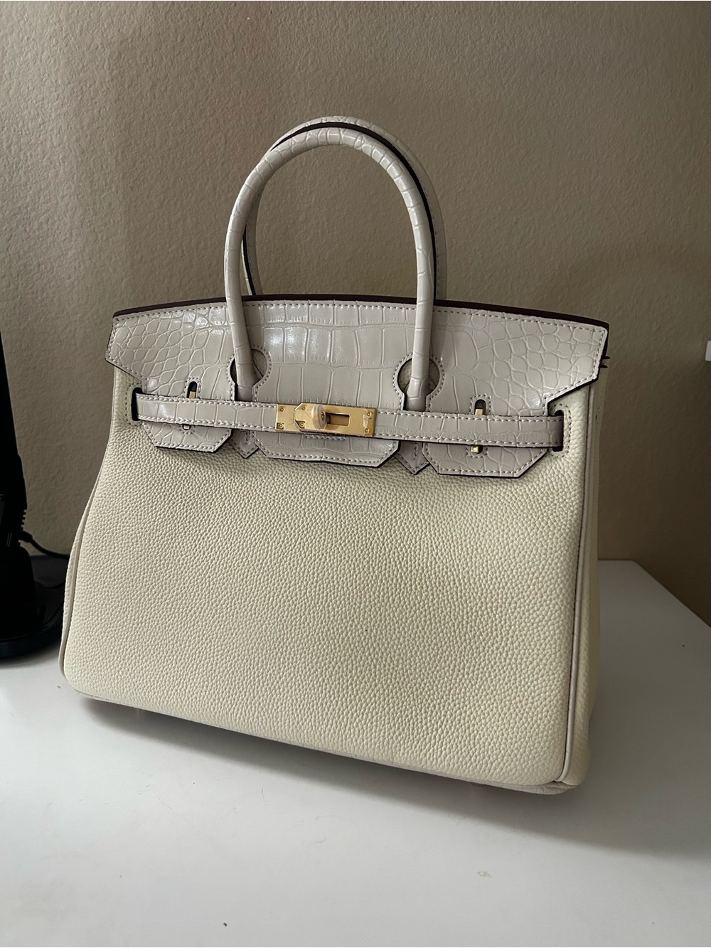 30cm Gold on Cream Top-Handle Leather Satchel with Croc Elements